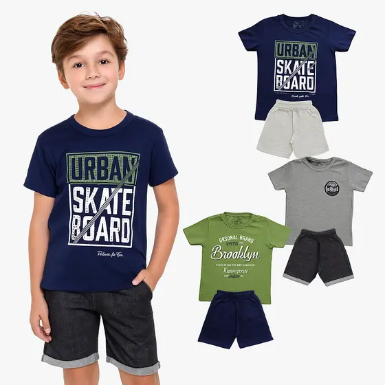Kit 3 Conjuntos 6 Peças Infantil Masculino Camiseta e Bermuda Algodão Moda Casual Dia a Dia Verão