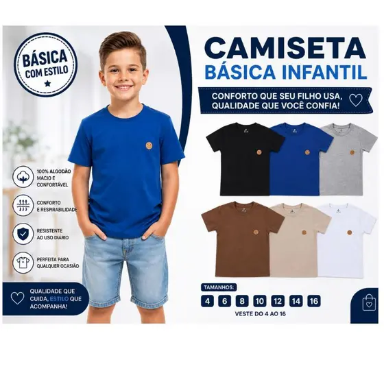 Kit com 3 Camisetas Infantis Básicas Escolares Perfeitas para a Rotina Escolar Tamanhos 04 ao 16