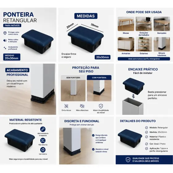 Ponteiras 20x30 Interna 100 unidades para Metalon Preta Plástica Proteção