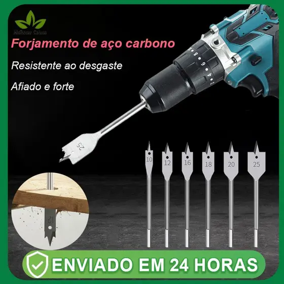 Jogo De Brocas Chata Para Madeira Gesso com 6 Peças 10, 12, 16, 18, 20 e 25mm para Madeira MDF Marcenaria