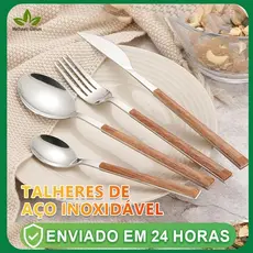 Jogo De Talheres Faqueiro Com Aço Inox,  Alças De Madeira Designer Lindo