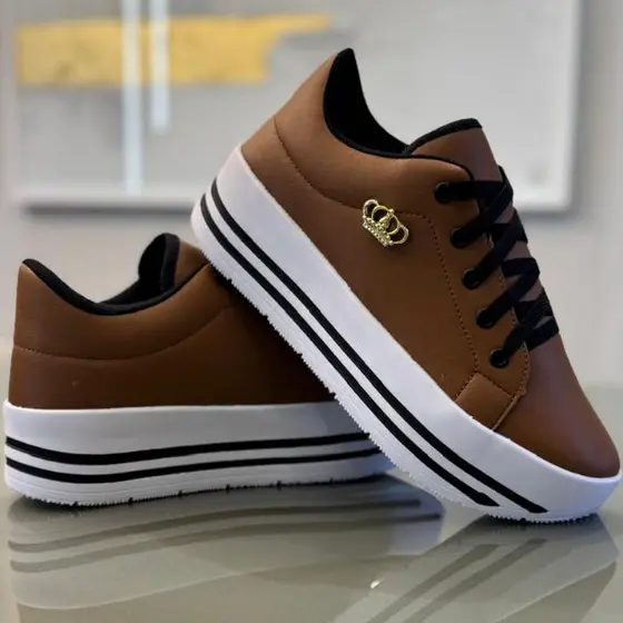 Tênis Feminino Plataforma 4cm Sola Alta Preto Branco Nude Terra Cota Casual Macio Confortável