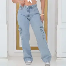 Calça Cargo Wide Leg Jeans Feminina Pantalona Cintura Alta Marmorizada 100% Algodão Azul Clara