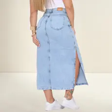 Saia Jeans Feminina Mídi Longa Cintura Alta Marmorizada com Fenda Tecido Grosso Azul Claro Premium