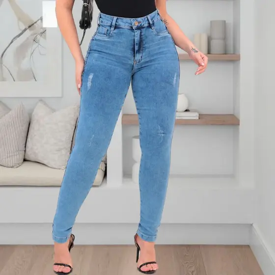 Calça Jeans Skinny Feminina Cintura Alta Levanta Bumbum com Lycra Elastano Premium