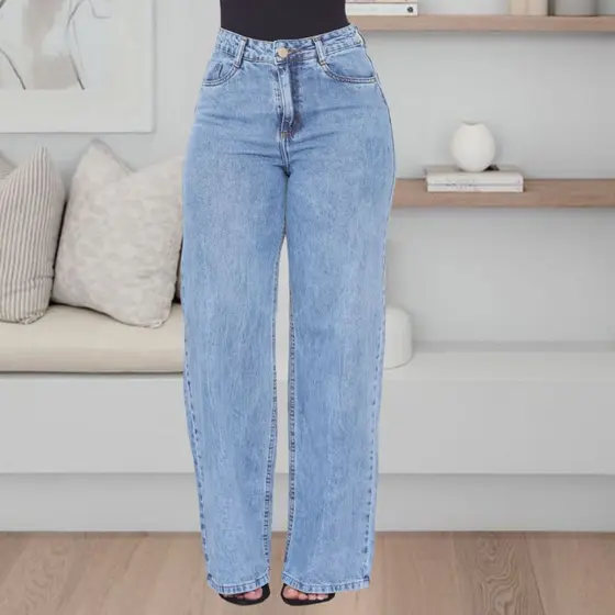 Calça Jeans Feminina Wide Leg Pantalona Cintura Alta  Premium Cós Alto Tecido Grosso Lavagem Gringa