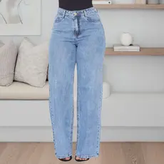 Calça Jeans Feminina Wide Leg Pantalona Cintura Alta Premium Cós Alto Tecido Grosso Lavagem Gringa