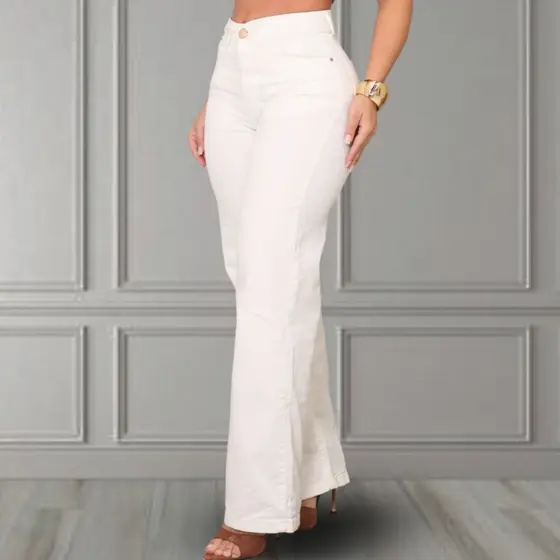 Calça Jeans Feminina Wide Leg Cintura Alta Boca Larga Off-White Algodão 100%