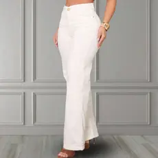 Calça Jeans Feminina Wide Leg Cintura Alta Boca Larga Off-White Algodão 100%