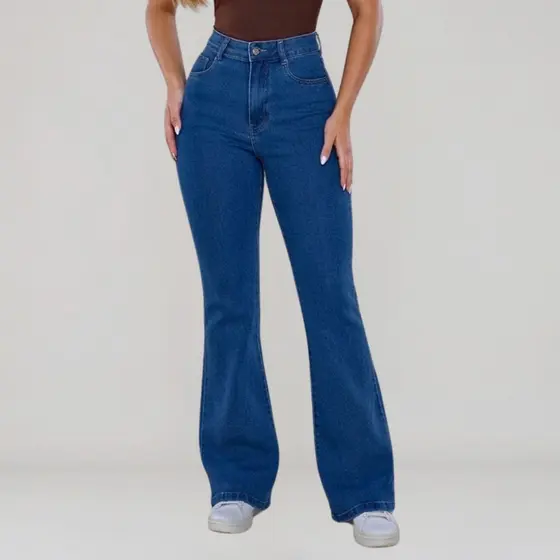 Calça Flare Feminina Jeans Modelagem Cintura Alta Empina Bumbum Lycra Elastano Premium