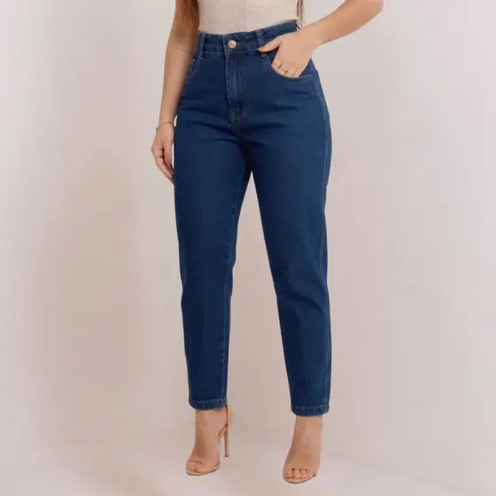 Calça MOM JEANS Feminina Cintura Alta Azul Escura Tecido Premium Encorpado