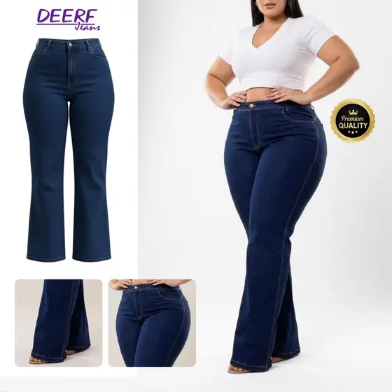 Calça Jeans Flare Plus Size Cintura Alta Lycra Elastano Premium Efeito Levanta Bumbum Curve Premier