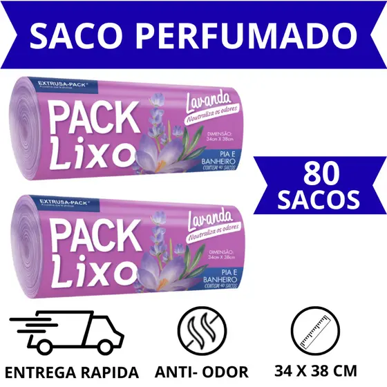 Saco de Lixo Pia e Banheiro Lavanda 38x34cm Kit 1 - 2 Pacotes (80 Sacos) Pack Lixo - Extrusa-Pack
