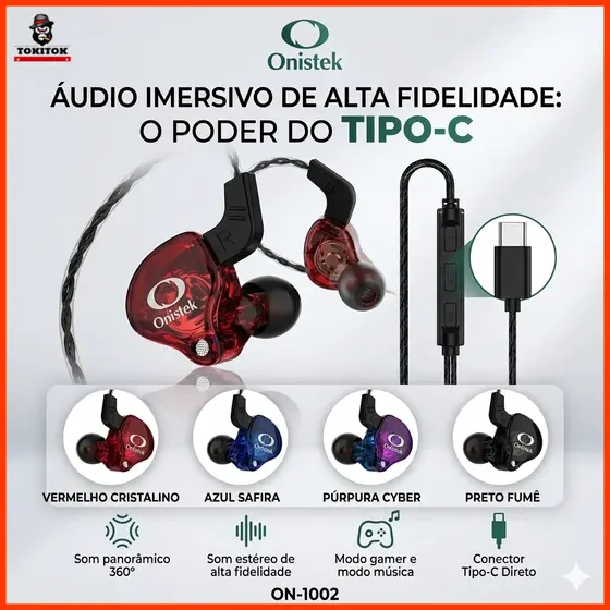Fone de Ouvido Gamer Tipo-C Estéreo com Microfone Grave HD Controle ON-1002