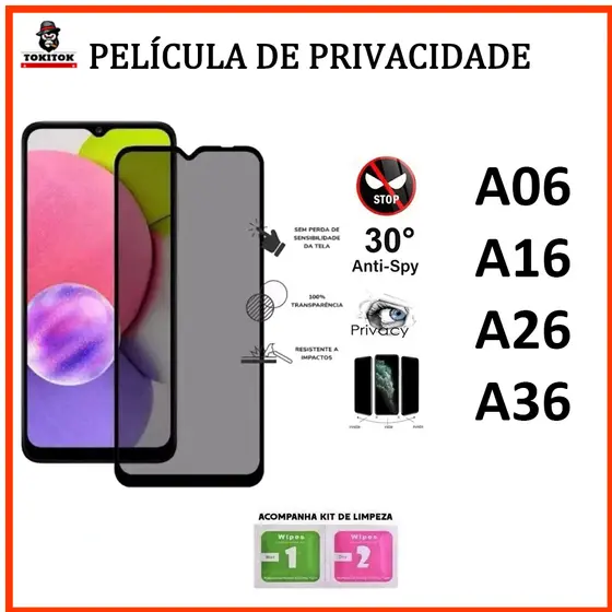 Película Privacidade de Vidro Temperado 3D/9D para Samsung A06 A16 A26 A36 A56
