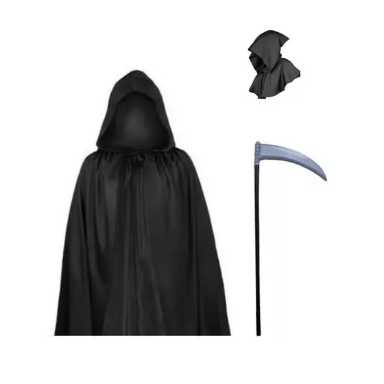Kit Fantasia Terror Unissex Halloween Carnaval Capa Preta + Foice