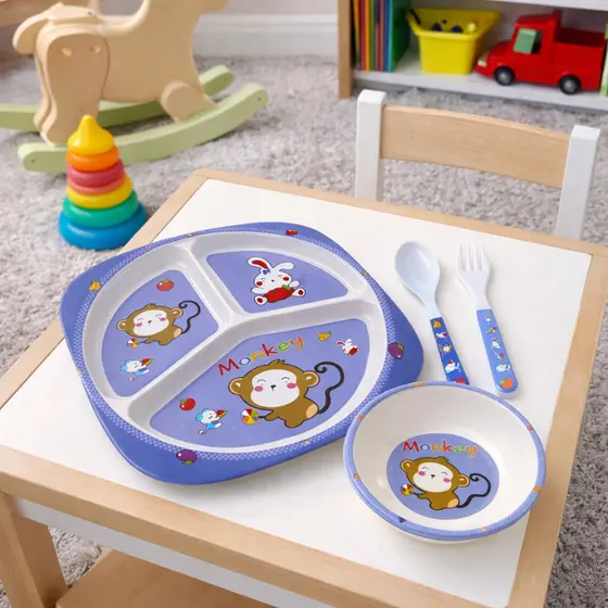 Kit Refeição Infantil Para Bebês e Crianças Introdução Alimentar Prato Cumbuca e Talheres 4 Peças Macaquinho