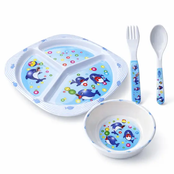 Kit Refeição Infantil Para Bebês e Crianças Introdução Alimentar Prato Cumbuca e Talheres 4 Peças
