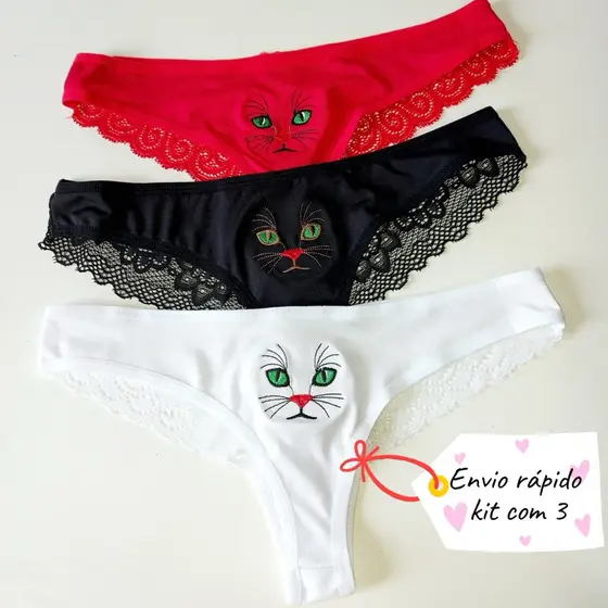 kit 3 ou 6 tanga feminina gatinho com detalhes em renda linha noite calçinha