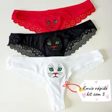 kit 3 ou 6 tanga feminina gatinho com detalhes em renda linha noite calçinha