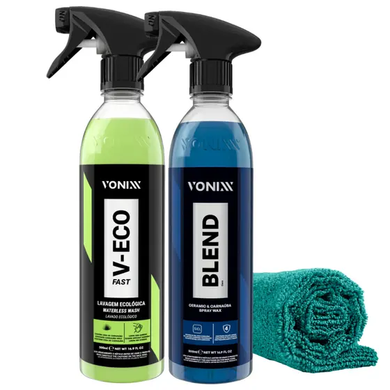 Kit Vonixx Lavagem Sem Água e Proteção com Alto Brilho V-Eco Fast+Blend Spray e Pano