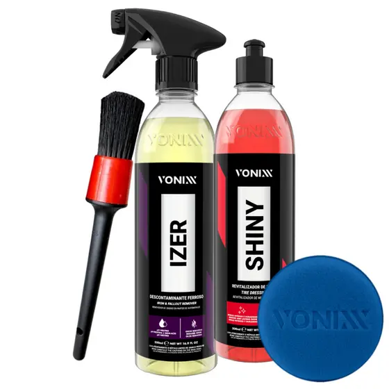 Kit Izer Descontaminante Ferroso + Shiny Pneu Pretinho + Pincel +Aplicador