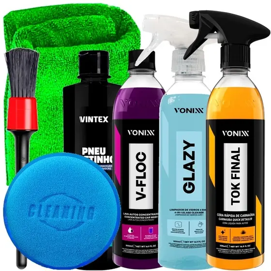 Kit Vonixx Vintex Limpeza Tok Final Glazy V-Floc Pneu Pretinho Pincel Aplicador Toalha