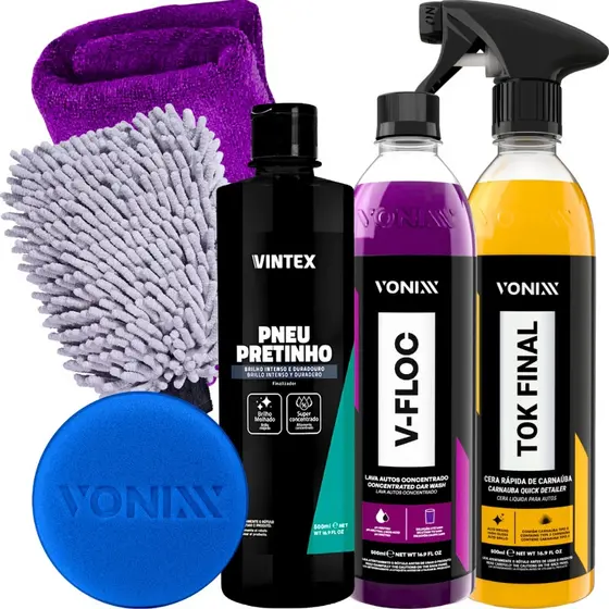 Kit Pneu Pretinho Shampoo V-Floc Cera Tok Final Carnauba Vonixx