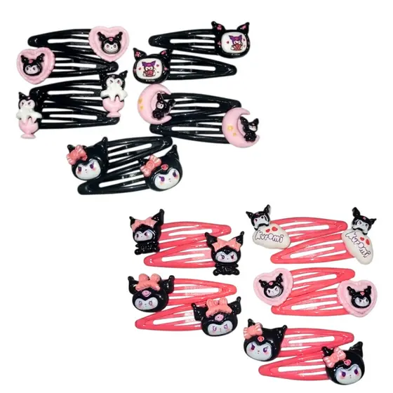 Kit 3 Pares Presilhas Tic Tac de Cabelo Infantil Kuromi Vermelho e Preto Cod. 10-3
