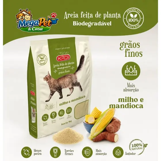 Areia para Gatos Kadi 4kg 100% Milho e Mandioca Biodegradável Grãos finos Livre de Poeira Alta Absorção Controle de Odo