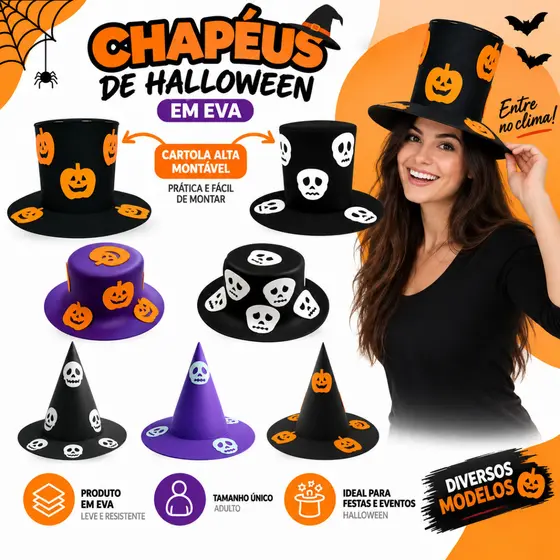 Kit Chapéu Halloween EVA Cartola Bruxa Fantasia Adulto Festa Atacado