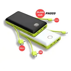 Power Bank 20000mAh com 3 Cabos Embutidos, Carregador Portátil para iPhone e Android PN-959