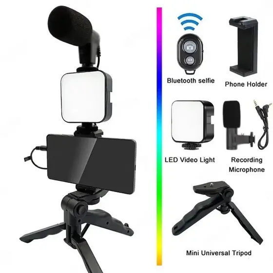 Tripé Estabilizador de Mão kit 5 em 1 gimbal Microfone Celular Gravação De Vídeo