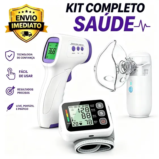 KIT Medidor de Pressão Digital + Nebulizador + Termômetro Infravermelho Sem Contato