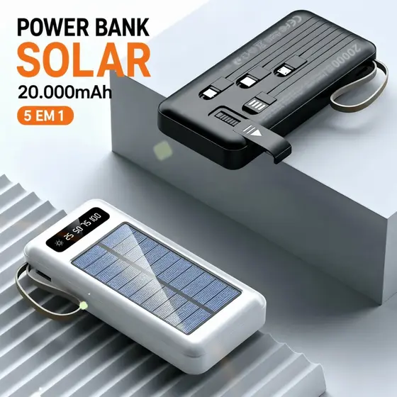 Carregador Portátil Power Bank Solar 20.000mah Com cabos 5 Em1 LED lanterna MILLION