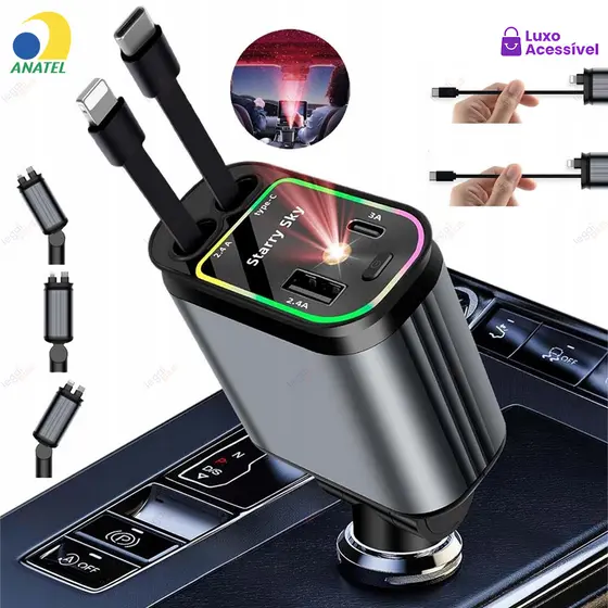 Carregador Retrátil para Carro 4 em 1 com Luz LED 180° Ajustável e Cabo Flexível para iPhone Android