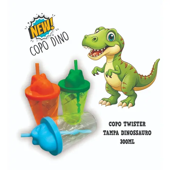 20 Copos Twister 300ml Tampa Dinossauro Acrílico Liso Festa Infantil, Brinde Infantil, Jurassic Park