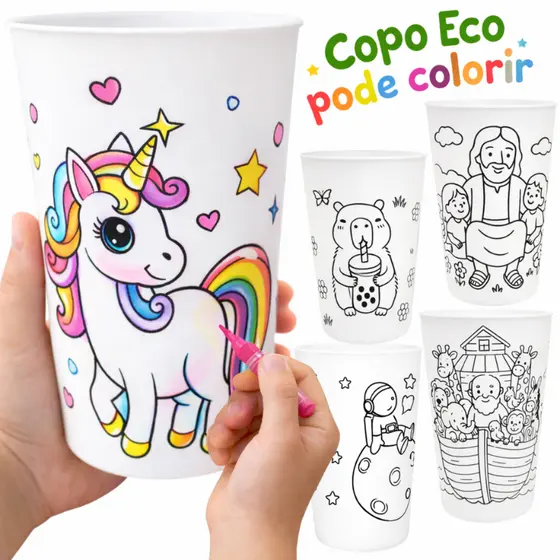 Kit 10 Copos de Colorir Estampas Copo ecológico não quebra Lembrancinha Aniversário Para Crianças