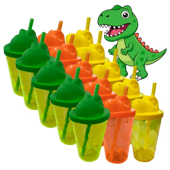 10 Copos 300ml Com Tampa Dinossauro Corpo Acrílico Liso Festa Infantil Brinde Jurassic Park Twister