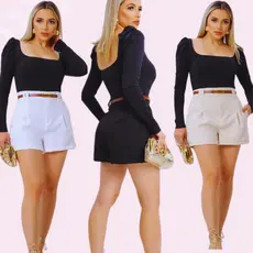 Shorts Alfaiataria Feminino Cintura Alta com Cinto e Bolsos Elegante