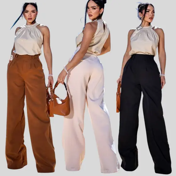 Calça Pantalona Feminina Alfaiataria Cintura Alta Elegante e Confortável com Bolsos lateral