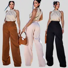 Calça Pantalona Feminina Alfaiataria Cintura Alta  Elegante e Confortável com Bolsos lateral