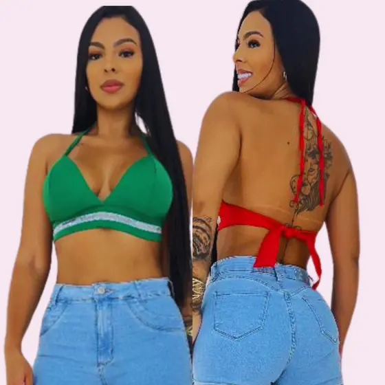 Top Cropped Alfaiataria strass com amarrações no pescoço e costas top Croppetbrilhante .