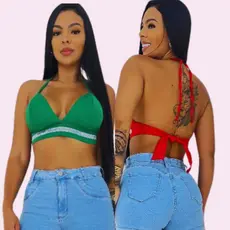 Top Cropped Alfaiataria strass com amarrações no pescoço e costas top Croppetbrilhante .