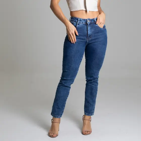 Calça Jeans Feminina Sawary Reta Original Elastano Lycra Cintura Alta Com Bolsos Moda Feminina Roupa