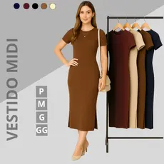 Vestidos Feminino Midi Canelado de Manga Curta Com Fenda Lateral Tubinho Basica Casual