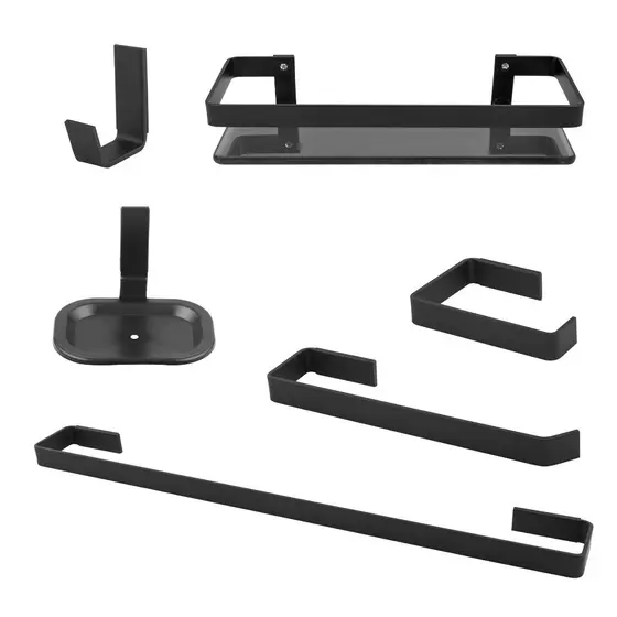 KIT ACESSORIOS 06 PEÇAS QUADRADO PARA BANHEIRO SEMI LUXO PRETO FOSCO COM SABONETEIRA INOX