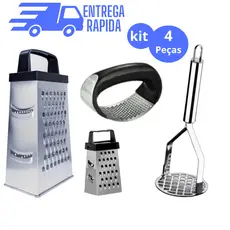 KIT RALADOR MINI RALADOR AMASSADOR DE ALHO AMASSADOR DE BATATA 4 PEÇAS UTENSÍLIO DE COZINHA