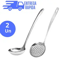 kit Concha de Sopa Feijão Caldos 30cm  e Escumadeira em Aço Inoxidável Maciço Grande 32cm Utensílios de Cozinha 2 Peças
