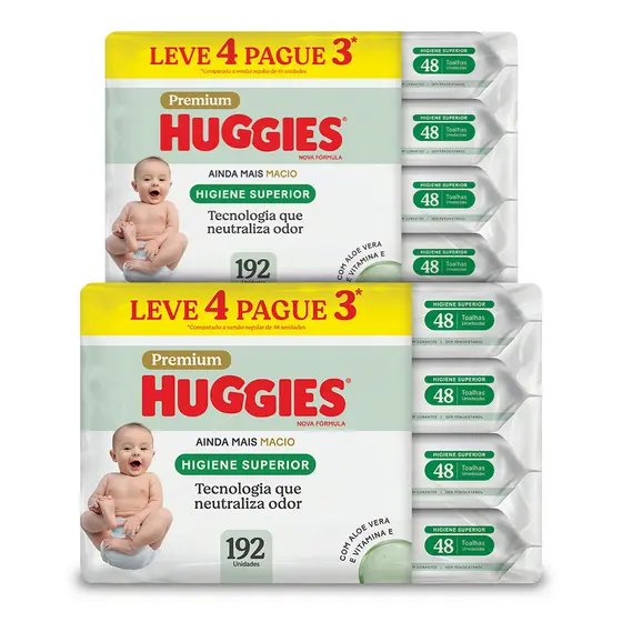 Kit 2 - Lenços Huggies Higiene Superior Limpam 2x Mais 4 x 48 Um